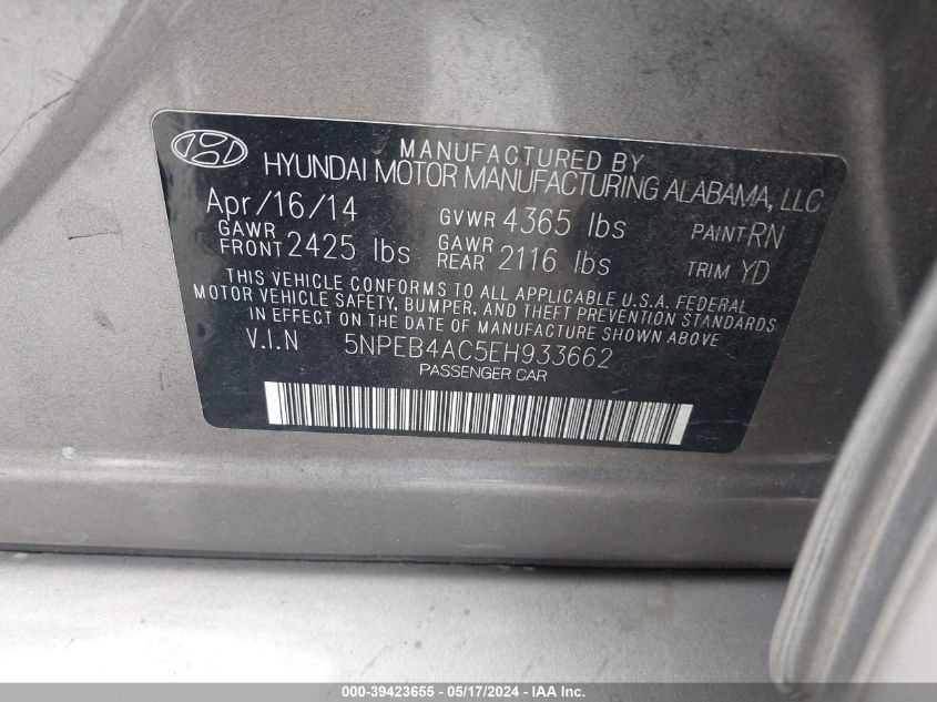 2014 Hyundai Sonata Gls VIN: 5NPEB4AC5EH933662 Lot: 39423655
