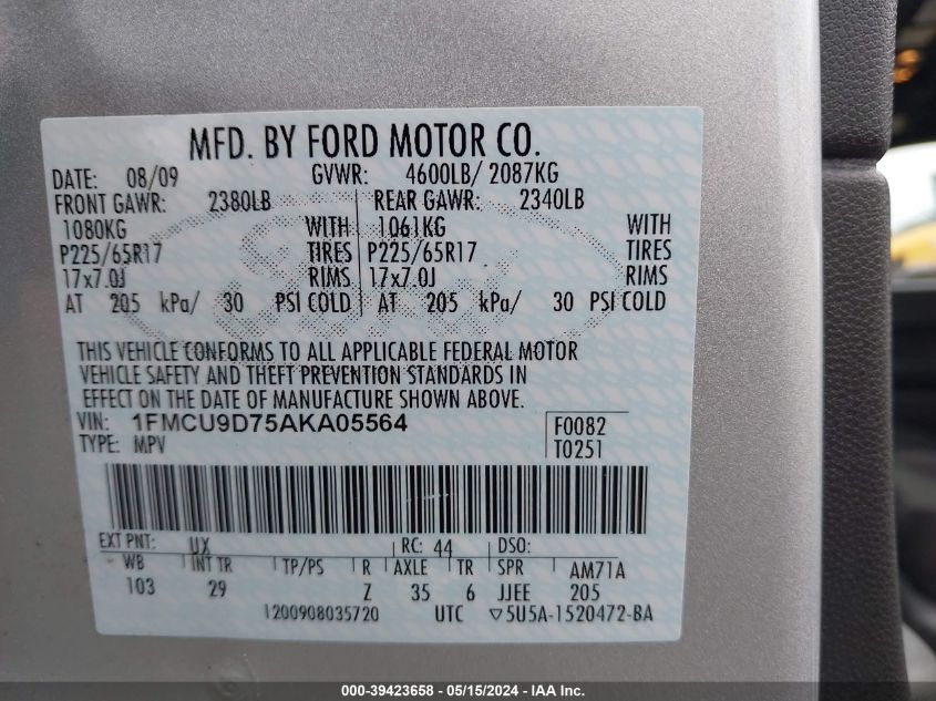 2010 Ford Escape Xlt VIN: 1FMCU9D75AKA05564 Lot: 39423658