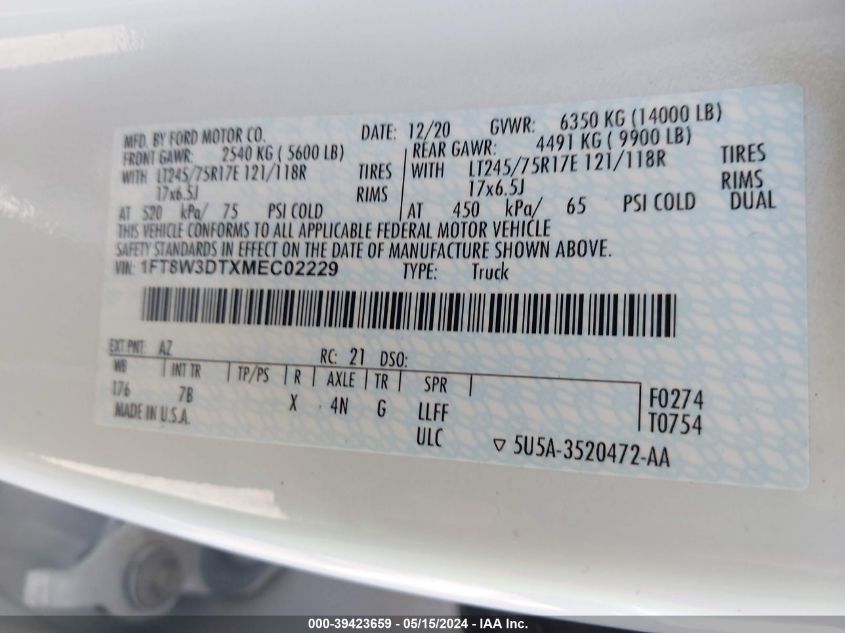 2021 Ford F-350 Platinum VIN: 1FT8W3DTXMEC02229 Lot: 39423659