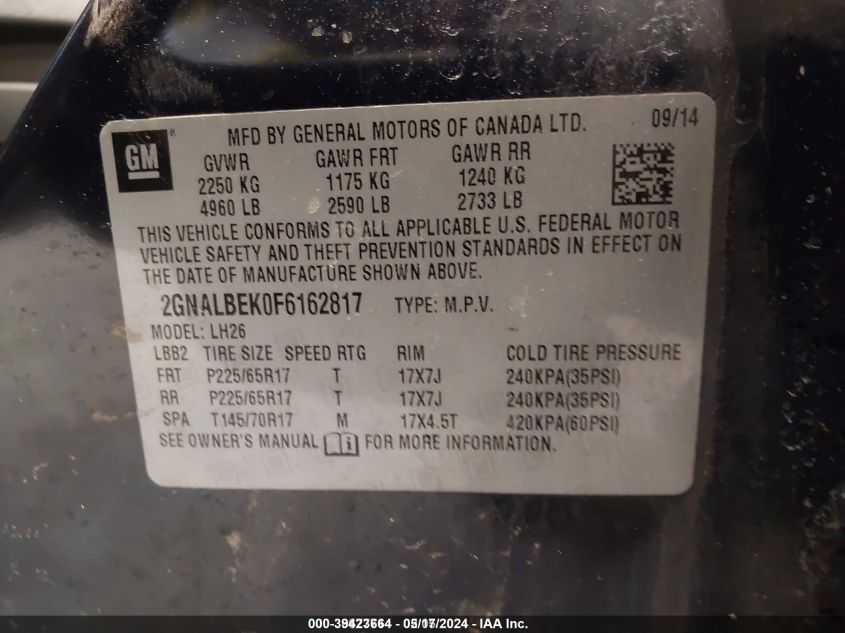 2015 Chevrolet Equinox 1Lt VIN: 2GNALBEK0F6162817 Lot: 39423664