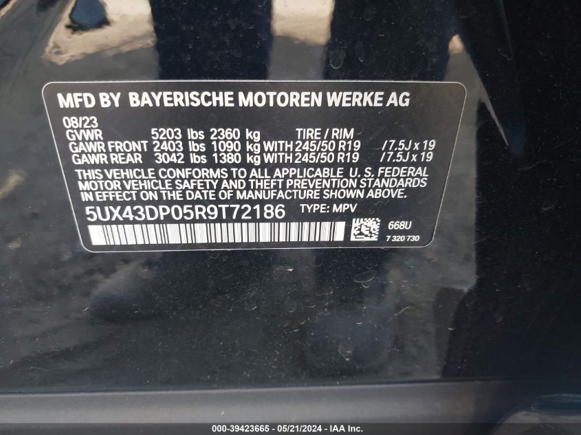 2024 BMW X3 Sdrive30I VIN: 5UX43DP05R9T72186 Lot: 39423665