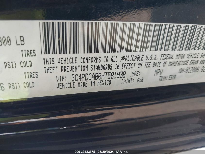 2017 Dodge Journey Se VIN: 3C4PDCAB0HT581938 Lot: 39423675