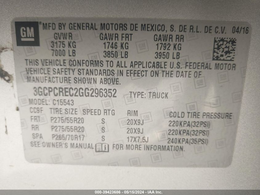 2016 Chevrolet Silverado 1500 1Lt VIN: 3GCPCREC2GG296352 Lot: 39423686