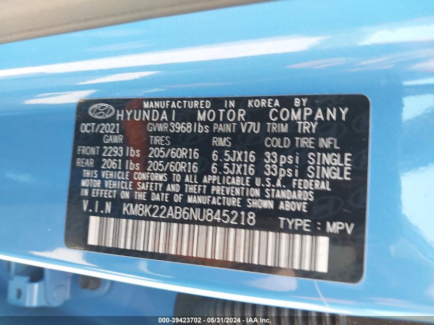 2022 Hyundai Kona Se VIN: KM8K22AB6NU845218 Lot: 39423702