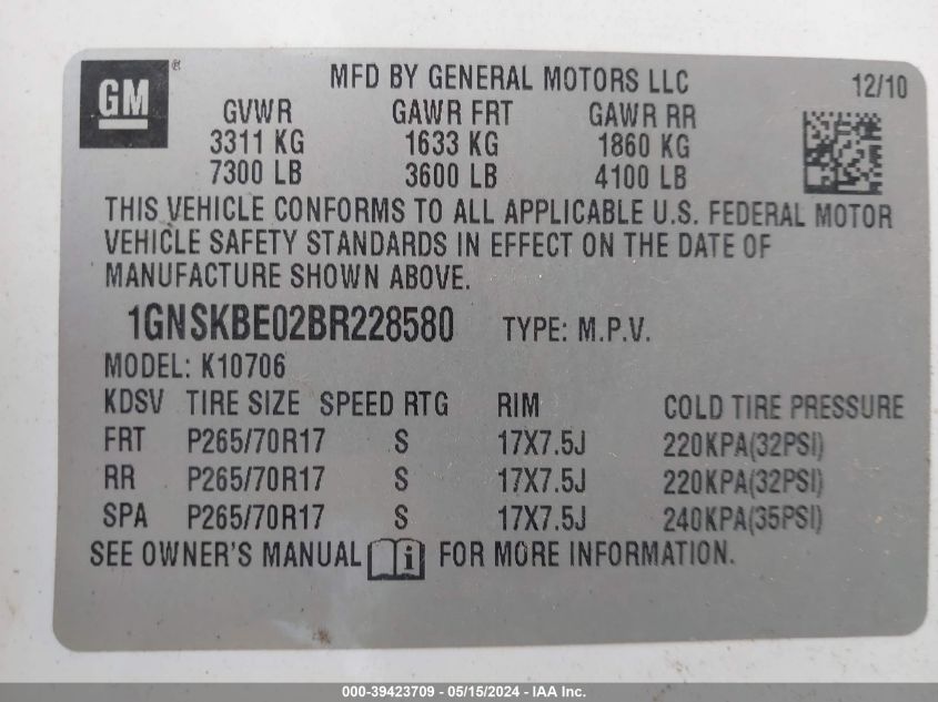 2011 Chevrolet Tahoe Lt VIN: 1GNSKBE02BR228580 Lot: 39423709