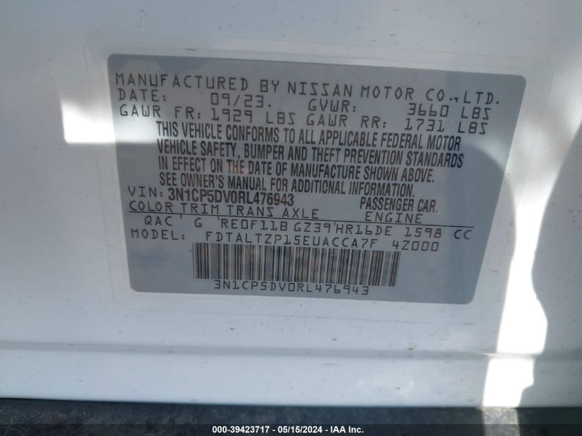 2024 Nissan Kicks Sr Xtronic Cvt VIN: 3N1CP5DV0RL476943 Lot: 39423717