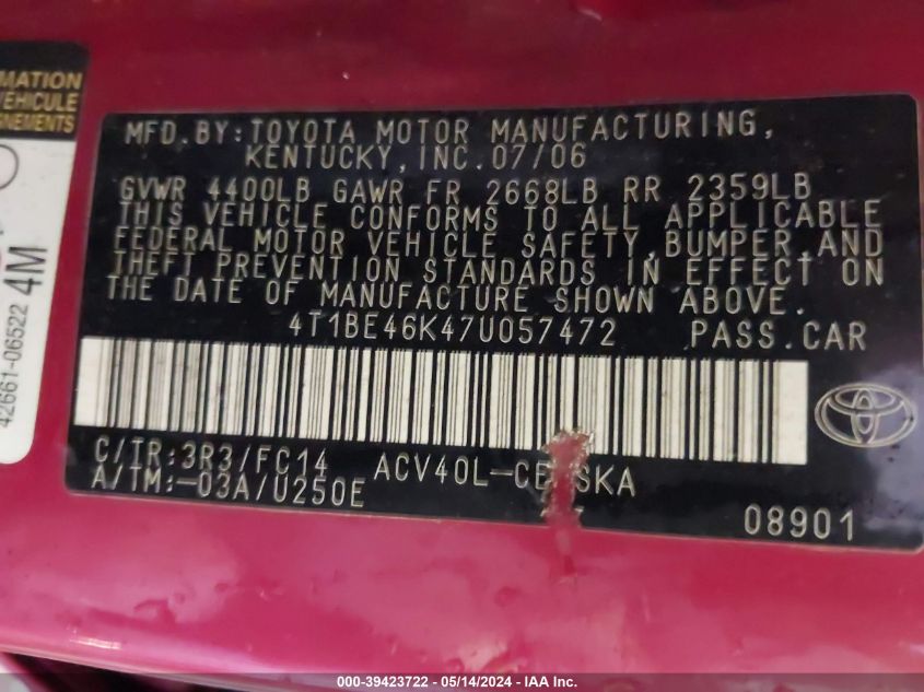 2007 Toyota Camry Se VIN: 4T1BE46K47U057472 Lot: 39423722