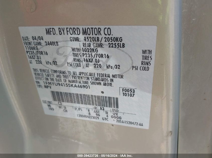 2005 Ford Escape Limited VIN: 1FMYU94155KA46901 Lot: 39423726