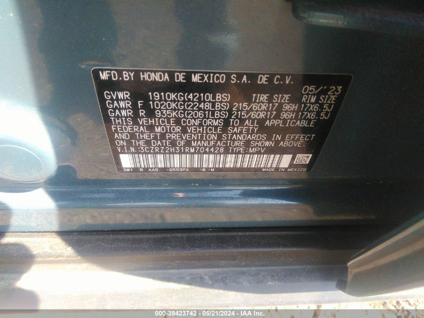 2024 Honda Hr-V Awd Lx VIN: 3CZRZ2H31RM704428 Lot: 39423742