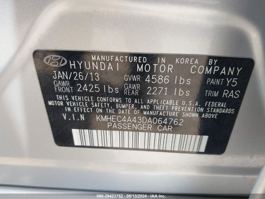 2013 Hyundai Sonata Hybrid VIN: KMHEC4A43DA064762 Lot: 39423752