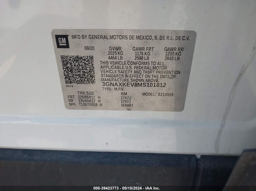 2021 Chevrolet Equinox Fwd Lt VIN: 3GNAXKEV8MS101812 Lot: 39423773