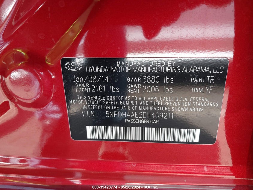 2014 Hyundai Elantra Se VIN: 5NPDH4AE2EH469211 Lot: 39423774