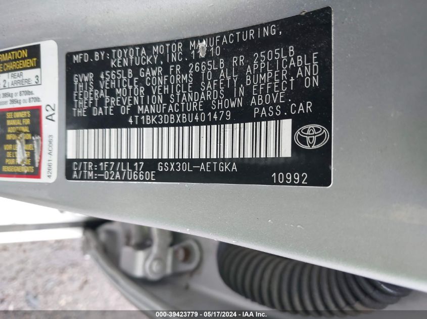 2011 Toyota Avalon Limited VIN: 4T1BK3DBXBU401479 Lot: 39423779