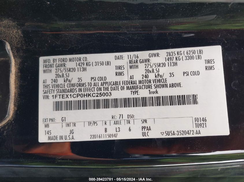 2017 Ford F-150 Xl VIN: 1FTEX1CP0HKC25003 Lot: 39423781