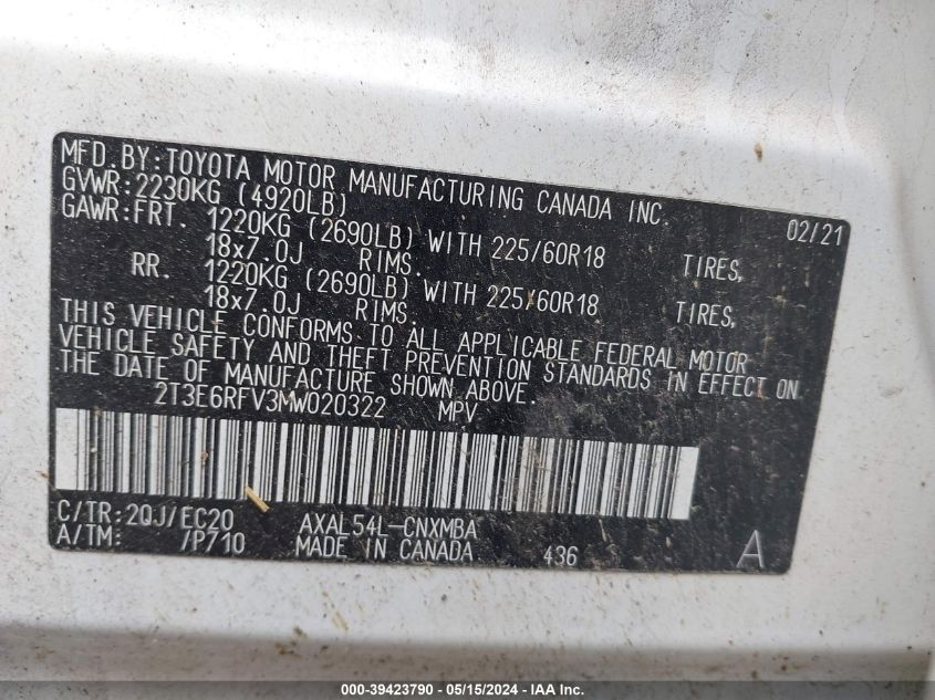 2021 Toyota Rav4 Xse Hybrid VIN: 2T3E6RFV3MW020322 Lot: 39423790