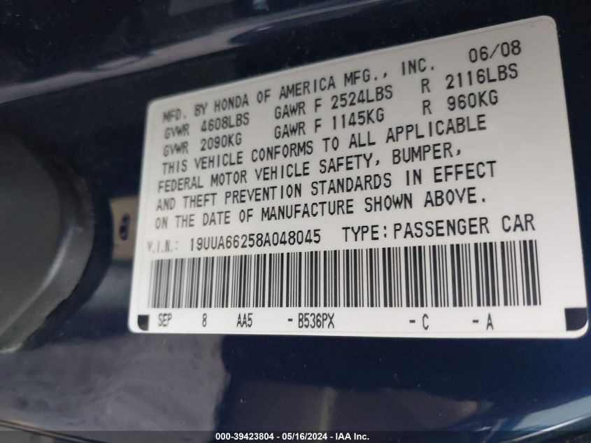2008 Acura Tl 3.2 VIN: 19UUA66258A048045 Lot: 39423804