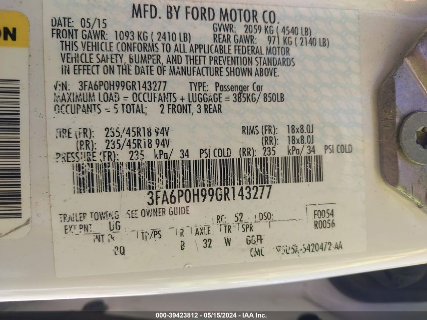 2016 FORD FUSION SE - 3FA6P0H99GR143277