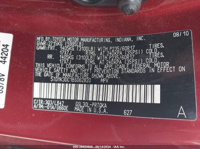 2011 Toyota Sienna Xle V6 VIN: 5TDYK3DC1BS062820 Lot: 39423825