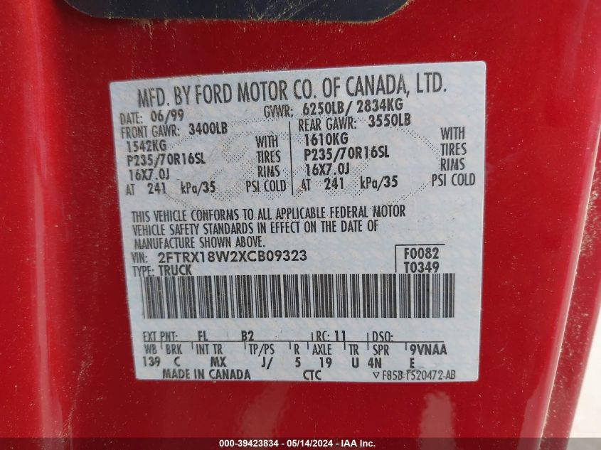 1999 Ford F-150 Lariat/Work Series/Xl/Xlt VIN: 2FTRX18W2XCB09323 Lot: 39423834