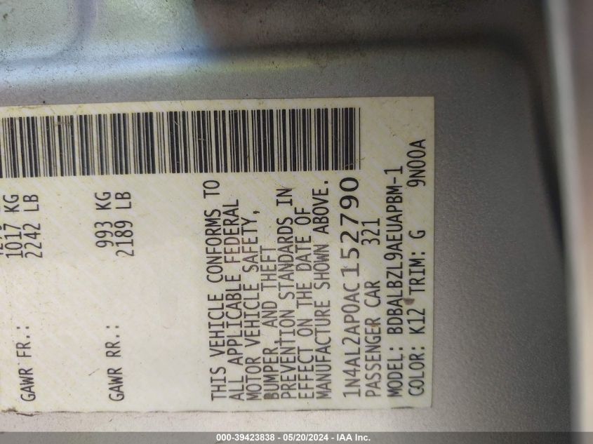 2010 Nissan Altima 2.5 S VIN: 1N4AL2AP0AC152790 Lot: 39423838