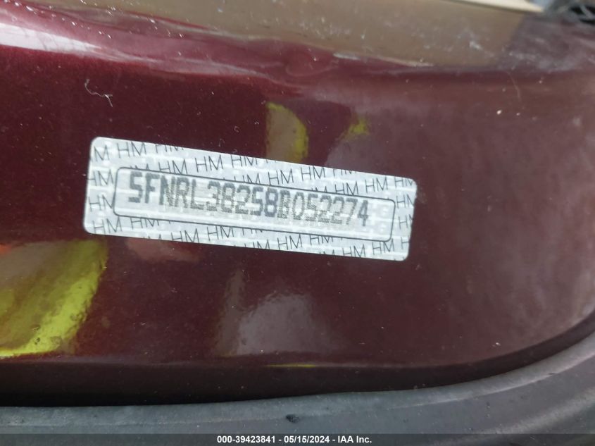 2008 Honda Odyssey Lx VIN: 5FNRL38258B052274 Lot: 39423841