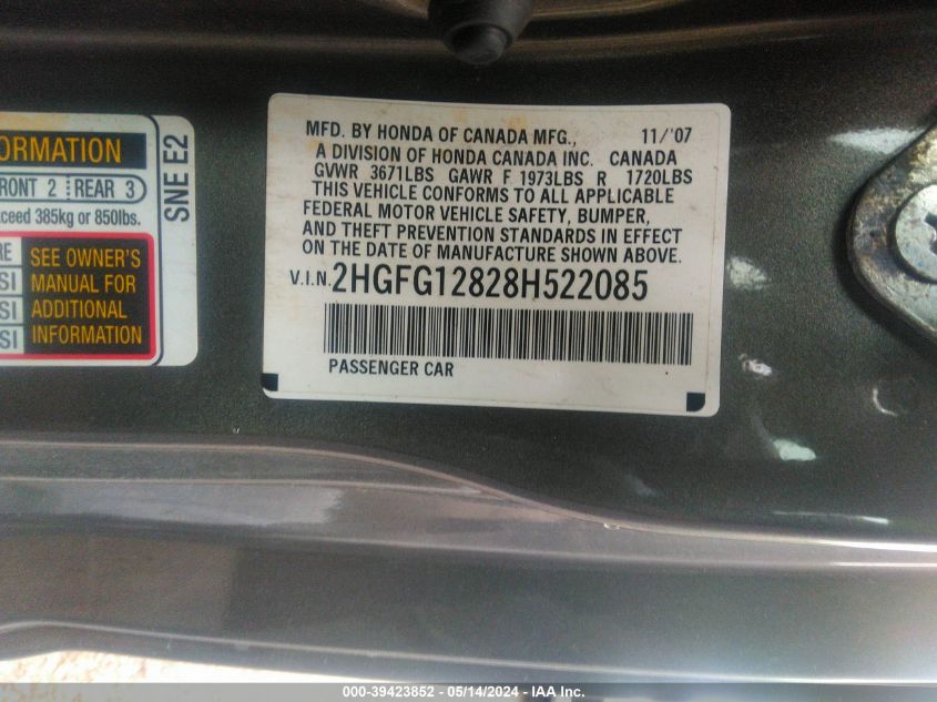 2008 Honda Civic Ex VIN: 2HGFG12828H522085 Lot: 39423852