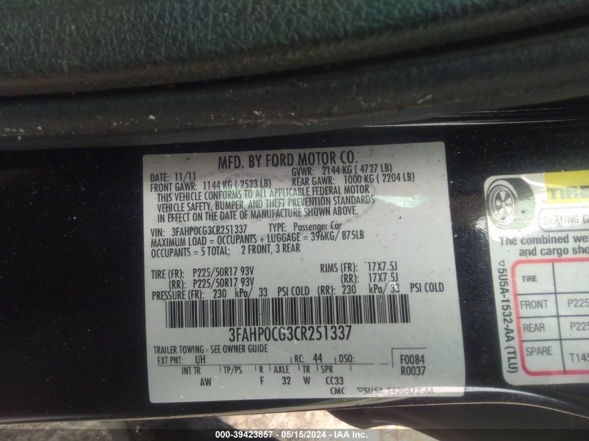 2012 Ford Fusion Sel VIN: 3FAHP0CG3CR251337 Lot: 39423857