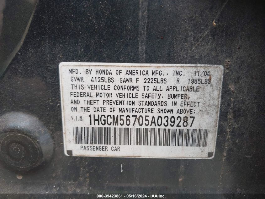 2005 Honda Accord 2.4 Ex VIN: 1HGCM56705A039287 Lot: 39423861