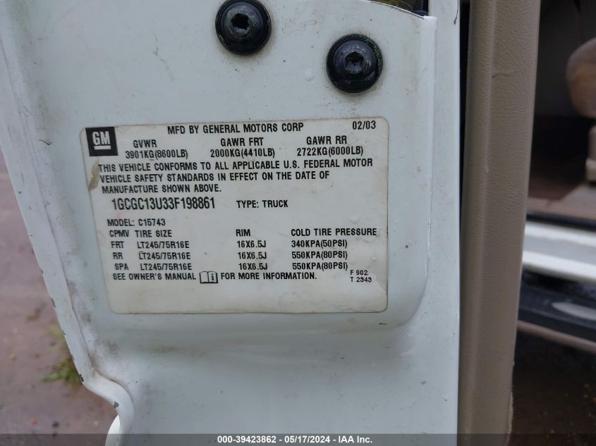 2003 Chevrolet Silverado 1500Hd Ls VIN: 1GCGC13U33F198861 Lot: 39423862