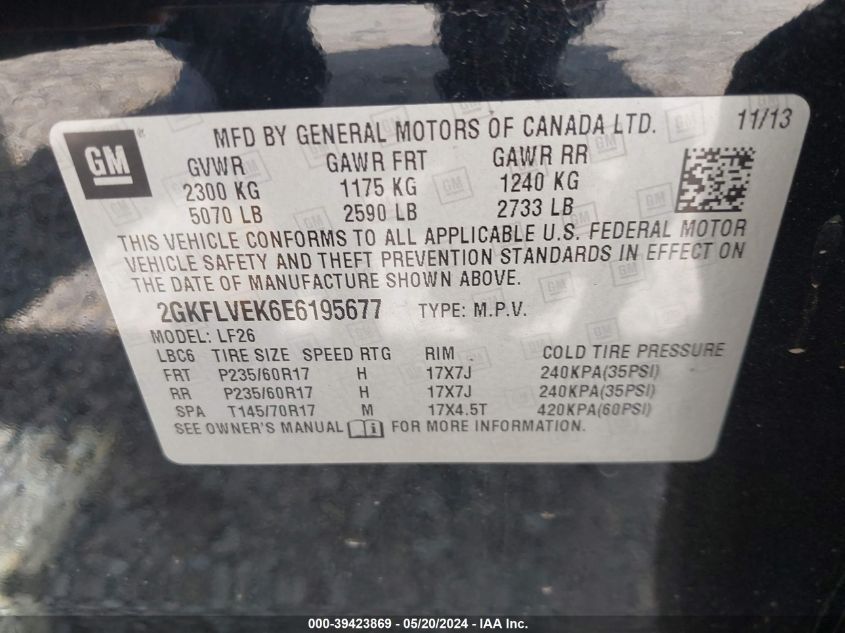 2014 GMC Terrain Sle-1 VIN: 2GKFLVEK6E6195677 Lot: 39423869