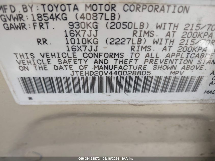 2004 Toyota Rav4 VIN: JTEHD20V440028805 Lot: 39423872