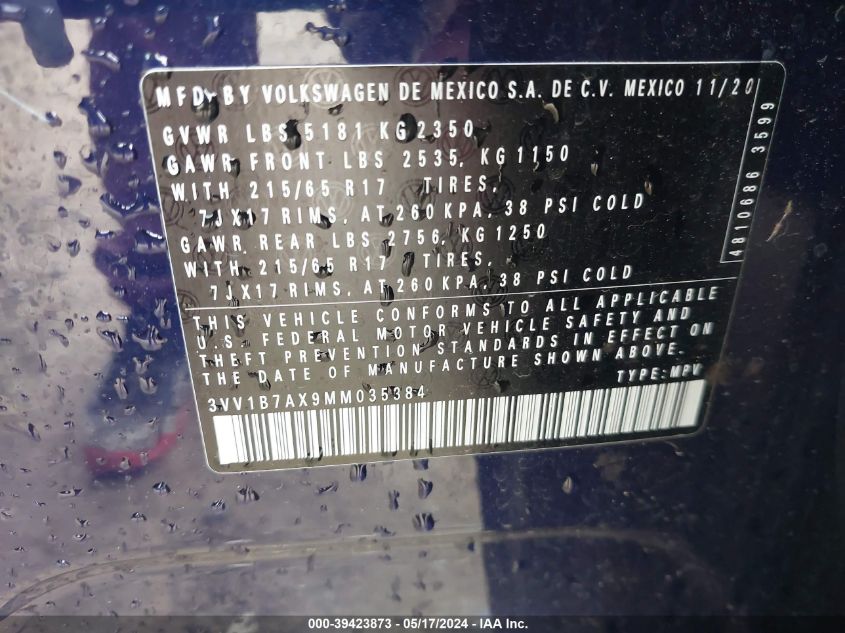 2021 Volkswagen Tiguan 2.0T S VIN: 3VV1B7AX9MM035384 Lot: 39423873