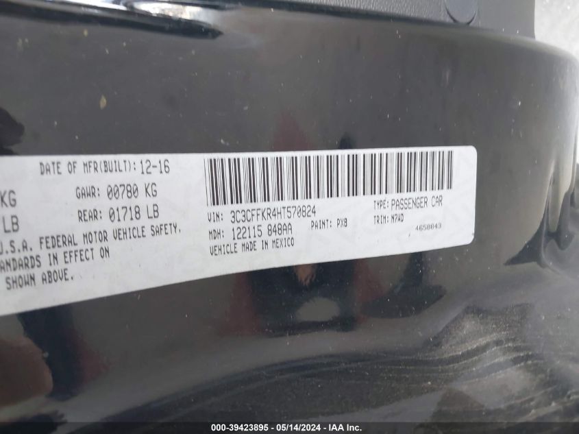 2017 Fiat 500 Pop VIN: 3C3CFFKR4HT570824 Lot: 39423895