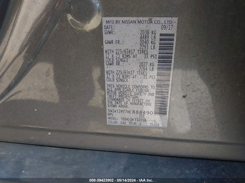 2017 Nissan Rogue Sv VIN: 5N1AT2MT7HC888490 Lot: 39423902