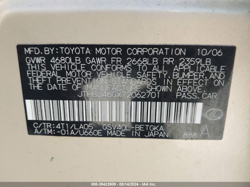 2007 Lexus Es 350 350 VIN: JTHBJ46GX72062701 Lot: 39423909