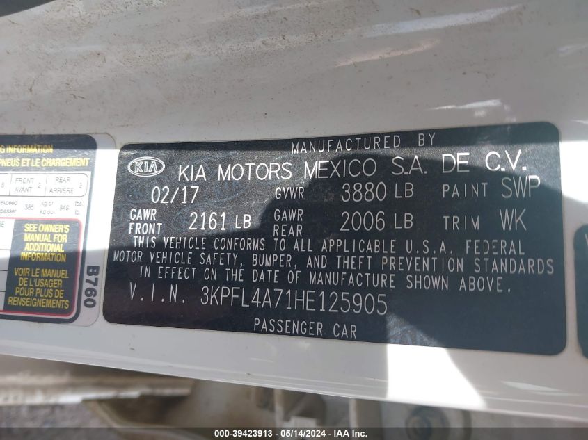 2017 Kia Forte Lx VIN: 3KPFL4A71HE125905 Lot: 39423913