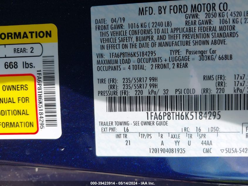 2019 Ford Mustang Ecoboost VIN: 1FA6P8TH6K5184295 Lot: 39423914