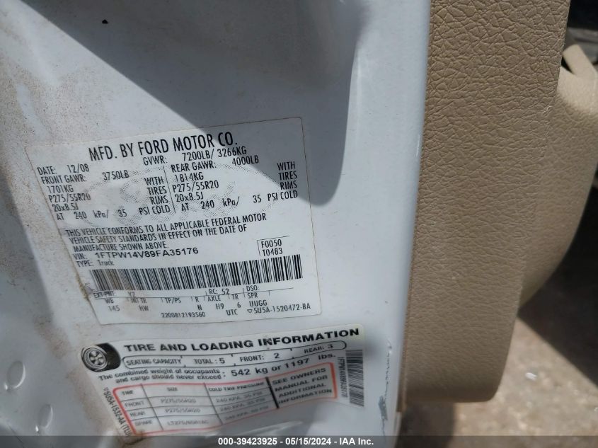 2009 Ford F-150 VIN: 1FTPW14V89FA35176 Lot: 39423925