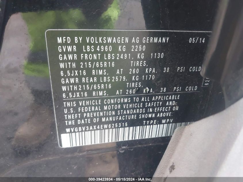 2014 Volkswagen Tiguan S VIN: WVGBV3AX4EW625315 Lot: 39423934