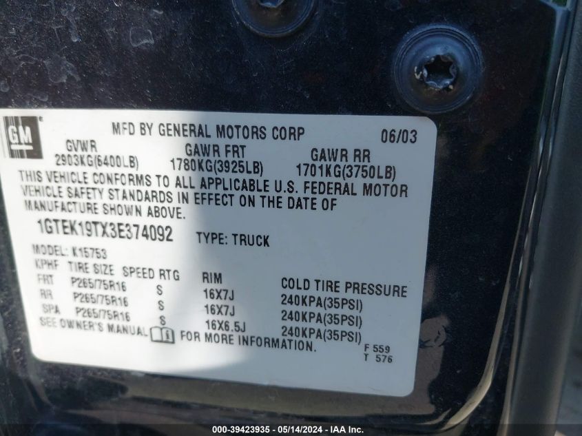 2003 GMC Sierra 1500 Slt VIN: 1GTEK19TX3E374092 Lot: 39423935