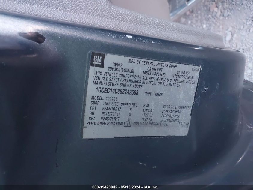2008 Chevrolet Silverado 1500 Work Truck VIN: 1GCEC14C88Z242503 Lot: 39423945