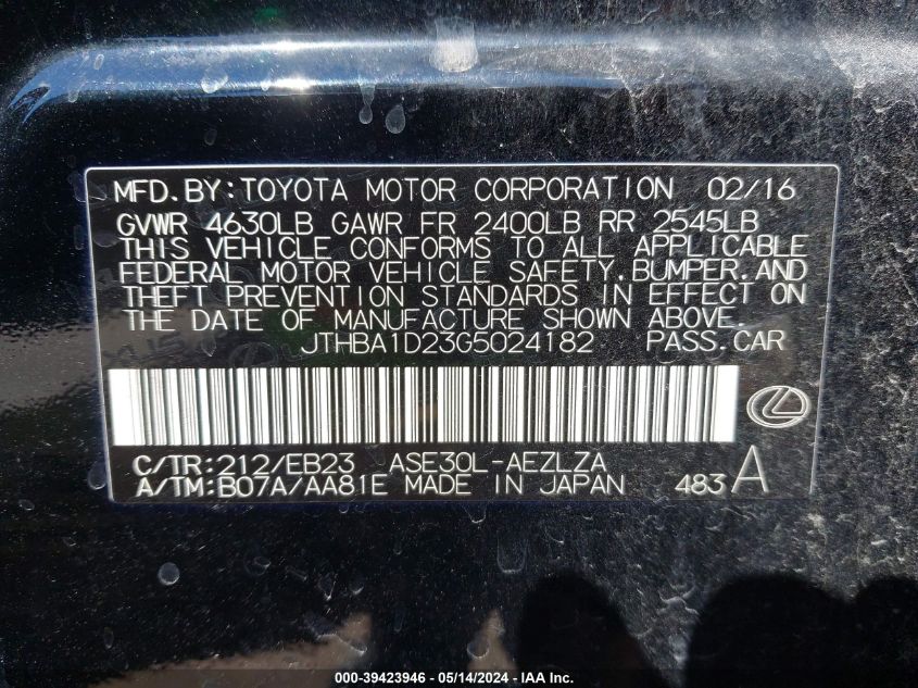 2016 Lexus Is 200T VIN: JTHBA1D23G5024182 Lot: 39423946