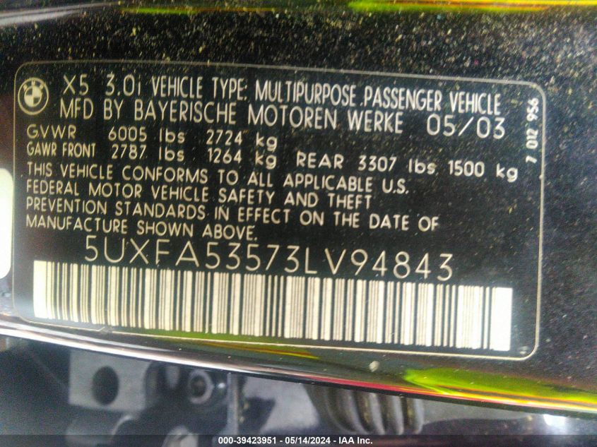 2003 BMW X5 3.0I VIN: 5UXFA53573LV94843 Lot: 39423951