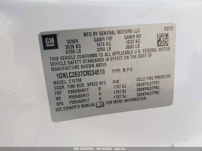 2012 Chevrolet Tahoe Commercial Fleet VIN: 1GNLC2E07CR234510 Lot: 39423954