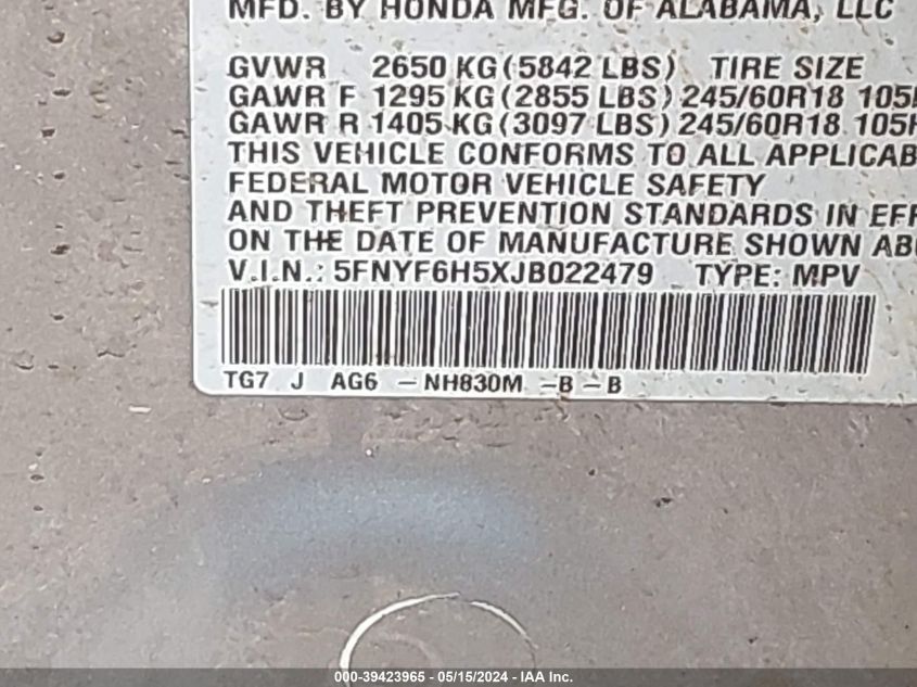 2018 Honda Pilot Ex-L VIN: 5FNYF6H5XJB022479 Lot: 39423965