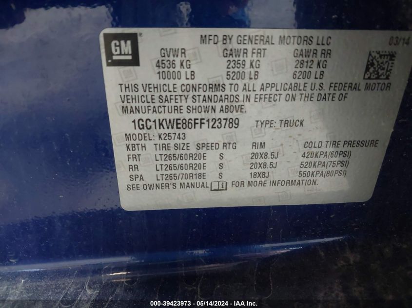 2015 Chevrolet Silverado 2500Hd Ltz VIN: 1GC1KWE86FF123789 Lot: 39423973