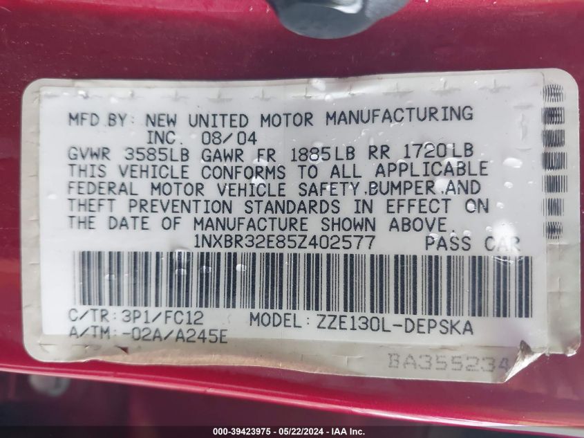 2005 Toyota Corolla S VIN: 1NXBR32E85Z402577 Lot: 39423975