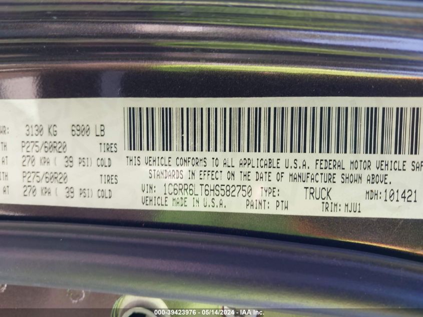 2017 Ram 1500 Big Horn 4X2 5'7 Box VIN: 1C6RR6LT6HS582750 Lot: 39423976