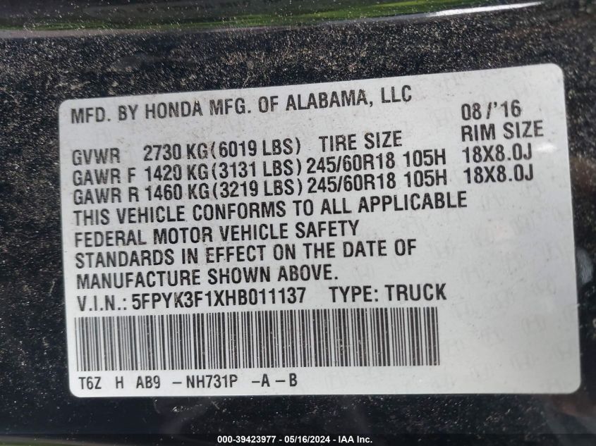 2017 Honda Ridgeline Sport VIN: 5FPYK3F1XHB011137 Lot: 39423977