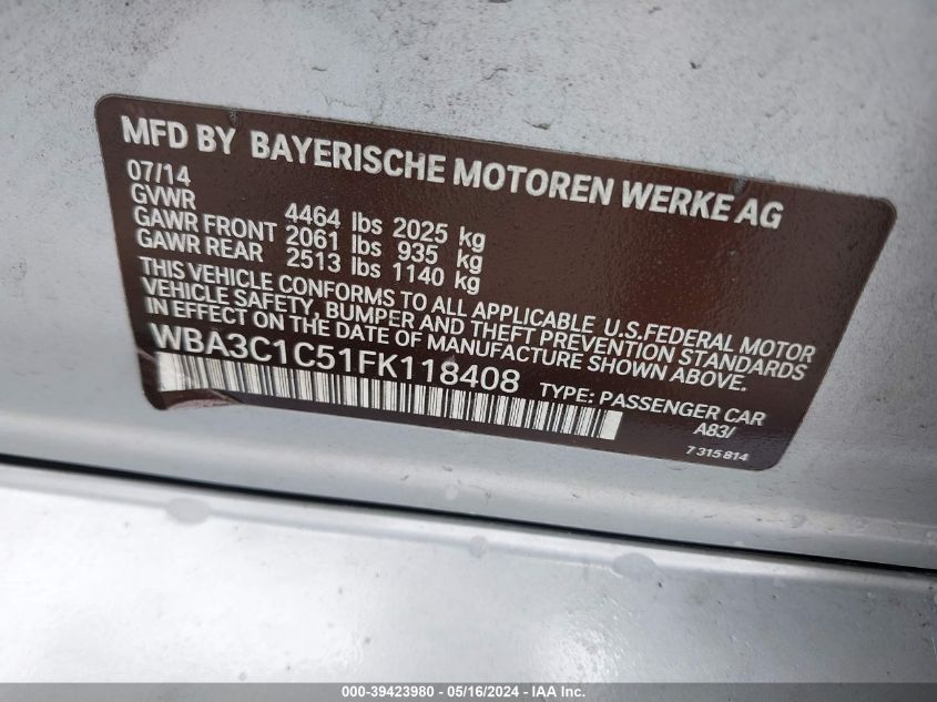 2015 BMW 328I VIN: WBA3C1C51FK118408 Lot: 39423980